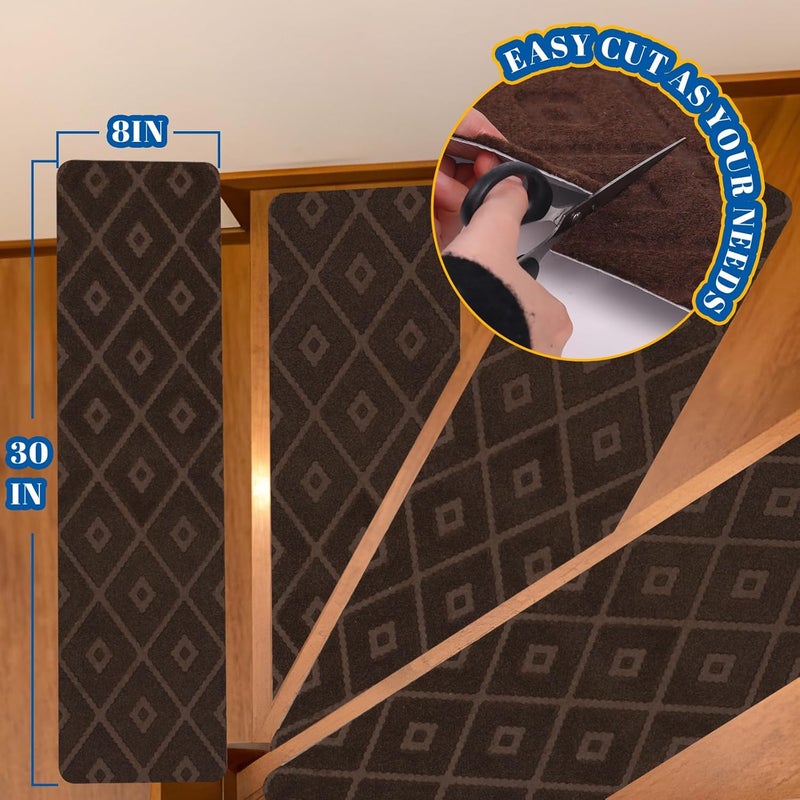 RIOLAND Non-Slip Carpet Stair Treads for Wooden Steps, 15 Pack Indoor Stair Runner with Reusable Adhesive Modern Anti Moving Safety Stair Rugs for Kids Dogs & Elders, 8" X 30", Rhombus Brown - Image 2